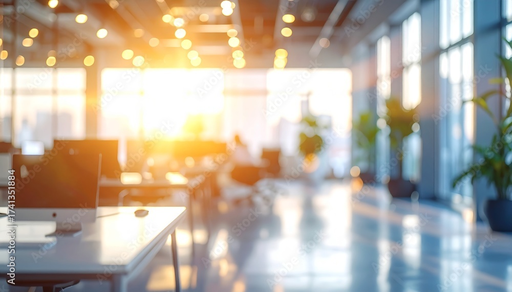Fototapeta premium Blurred background of a modern office interior with bokeh lights and open workspace