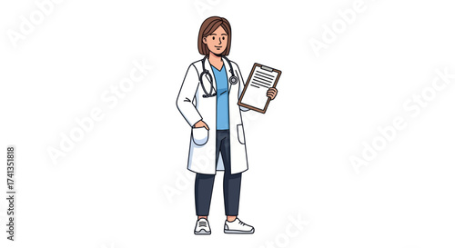 Cartoon Illustration of a Female Doctor Holding Medical Chart.