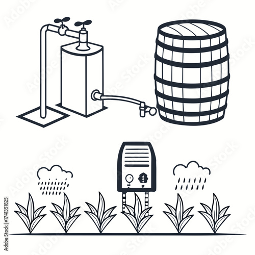 Illustration of a water barrel connected to a tank with a tap and a modern irrigation system watering plants with rain clouds overhead