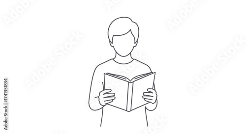Simple line drawing of a faceless young person standing and reading a book.