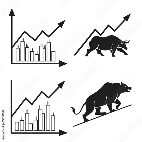 Bull and bear market symbols representing stock market trends with upward trending bar charts and line graphs illustrating financial growth and decline