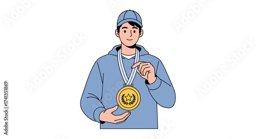 Illustrated young man in a blue hoodie and cap holding a shiny gold medal.