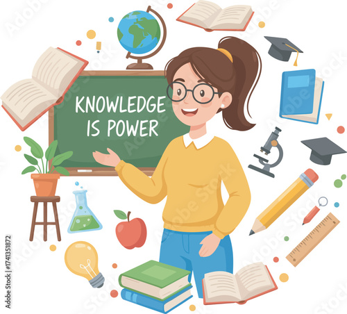 A smiling teacher stands beside a chalkboard with the words "Knowledge is Power" surrounded by various educational elements.