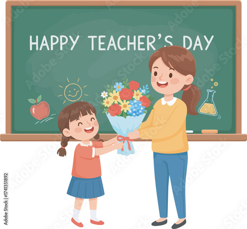 A young girl presents a bouquet of flowers to her teacher in front of a chalkboard with "Happy Teacher's Day" written on it.