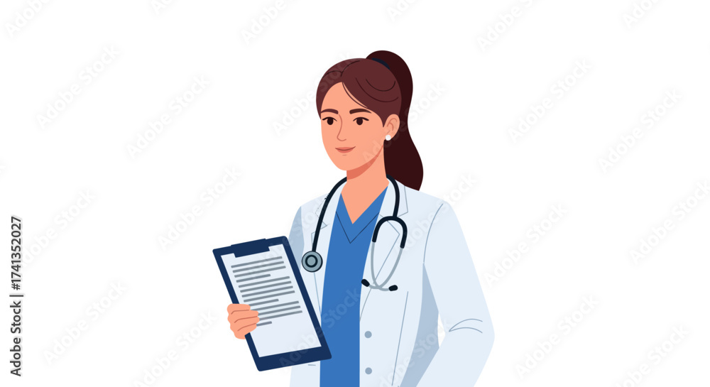 Fototapeta premium Professional Female Doctor Illustration Holding Clipboard and Stethoscope.