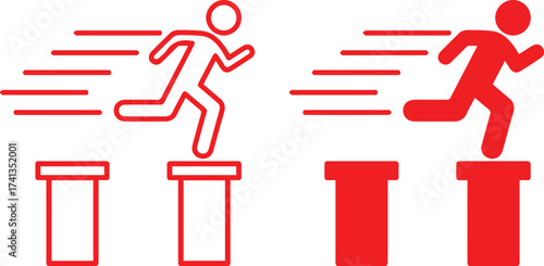 Running person, icon jumping over obstacles, red silhouette figures, minimalist design, vector graphics