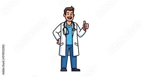 Smiling Cartoon Male Doctor Giving Thumbs Up with Stethoscope.