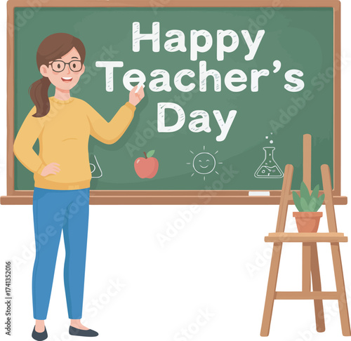 A cheerful female teacher points to a chalkboard with "Happy Teacher's Day" written on it, celebrating education.