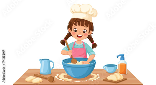 Cheerful Young Girl Baking with Mixing Bowl and Ingredients.