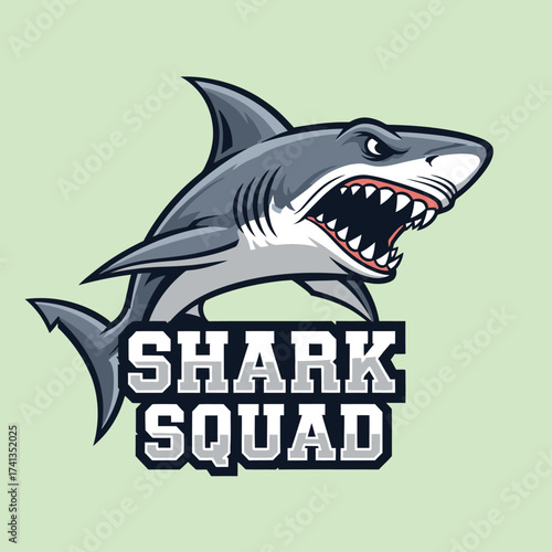 Ferocious gray predator with sharp teeth above the words shark squad graphic bundle design