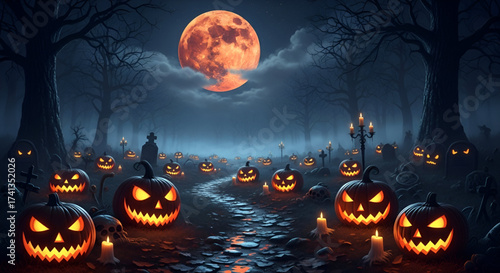A Happy Halloween Scene With A Path Of Glowing Pumpkins Leading Into A Spooky Graveyard Under A Full Moon