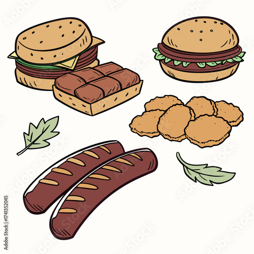 A colorful hand drawn illustration of various delicious fast food items including burgers sausages chicken nuggets and buns on a white background
