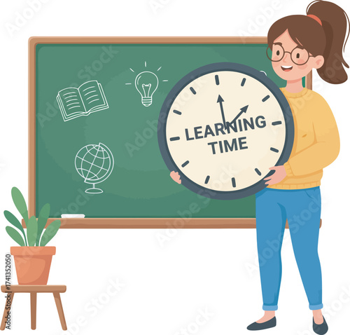Teacher holding a clock that says "Learning Time" in front of a chalkboard with educational drawings.