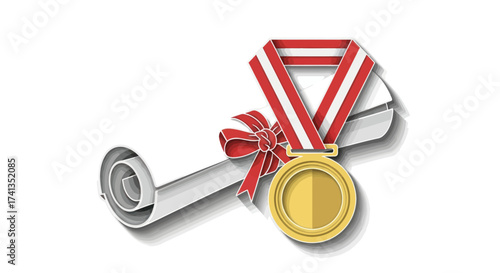 Gold Medal with Red and White Ribbon and Diploma Scroll Illustration.