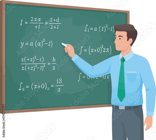 A male teacher, dressed in a suit, explains mathematical equations written on a chalkboard using chalk.