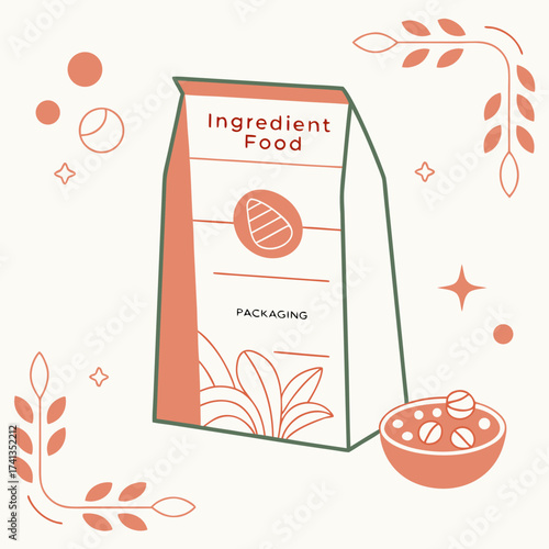 Minimalist illustration of a food ingredient packaging bag with an almond icon and decorative botanical elements and a bowl of food