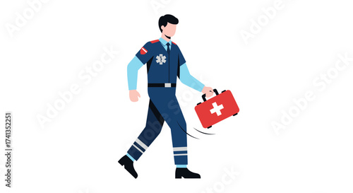 Male paramedic in a blue uniform with the Star of Life symbol walking and carrying a red first aid kit.