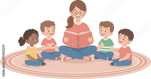 A teacher reads a book to a group of young children, all seated on a rug.