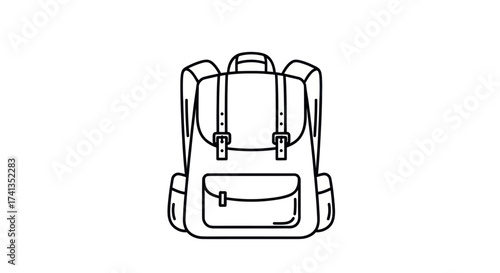 Simple Line Art Illustration of a Backpack with Straps and Pockets.