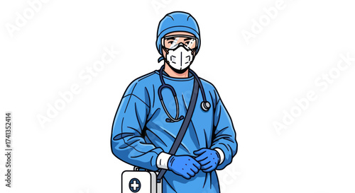 Medical Professional in Full Protective Gear with Stethoscope and First Aid Kit.