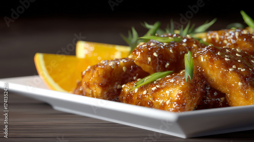 zesty orange chicken with glossy citrus glaze garnished with sesame seeds and scallions, served on white ceramic plate, ultra-high quality sharp focus food photography