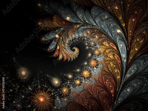 Colorful Fractal Spiral with Bright Stars Artistic Digital Pattern