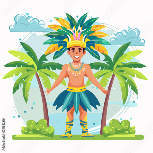 Tribal man in traditional costume with palm trees