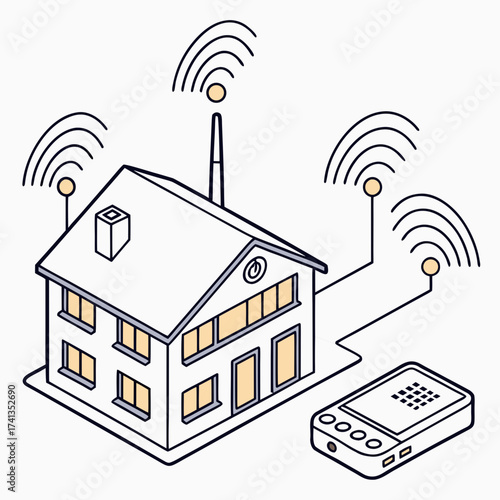 Modern smart home technology concept with a house connected to a wireless router emitting wi fi signals for seamless connectivity