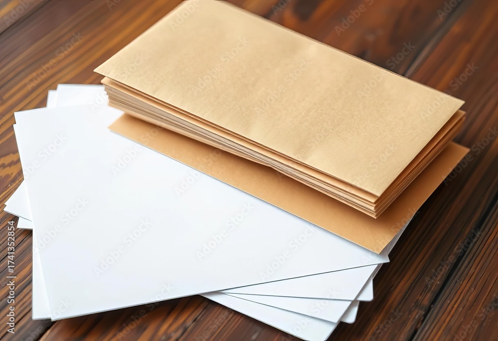 Fototapeta premium Stack of blank white paper and brown envelopes on wooden table, organized, brown