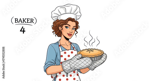 A friendly female baker with curly brown hair wearing a chefs hat and apron holding a steaming hot pie.