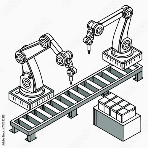 Modern automated factory assembly line with robotic arms working on a conveyor belt and packaged goods ready for shipment