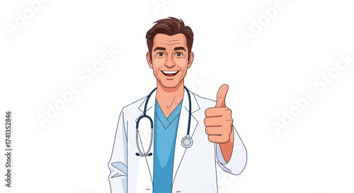 Smiling Male Doctor Giving Thumbs Up Gesture in White Coat.