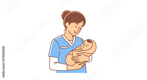 Caring Nurse or Doctor Holding Swaddled Newborn Baby Illustration.