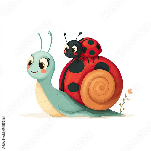 Cute Cartoon Snail and Ladybug Illustration on White Background for Children's Books or Educational Materials