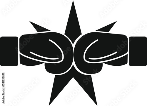 Two black boxing gloves crossed in front of a sharp starburst on a white background