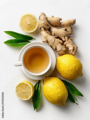 Fresh Lemons Ginger Tea with Lemon Slices and Green Leaves on White Background