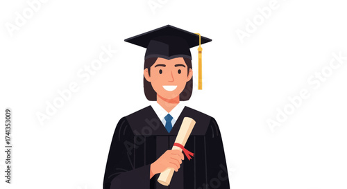 Smiling Graduate Student in Cap and Gown Holding Diploma.