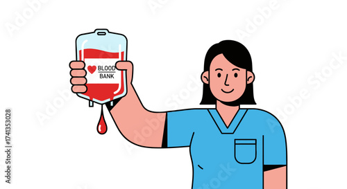 Nurse holding blood bag with donation label promoting blood donation and healthcare.