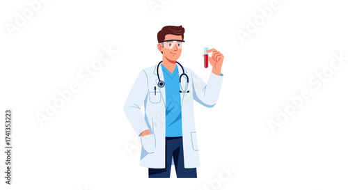 Male Doctor Scientist Holding Blood Sample Test Tube Illustration.