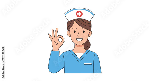 Smiling female nurse in blue scrubs and cap making OK gesture cartoon illustration.