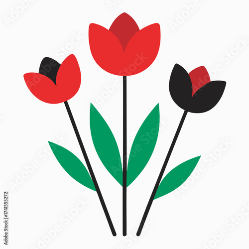 Stylized bouquet of three tulips in red black and green against a cream background, illustration of three red and black tulips with green leaves against a cream background, minimalist floral art.