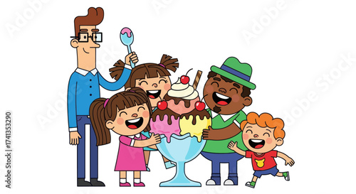 Cheerful cartoon family enjoying a large colorful ice cream sundae together.