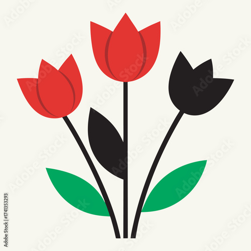 Stylized bouquet of three tulips in red black and green against a cream background, illustration of three red and black tulips with green leaves against a cream background, minimalist floral art.