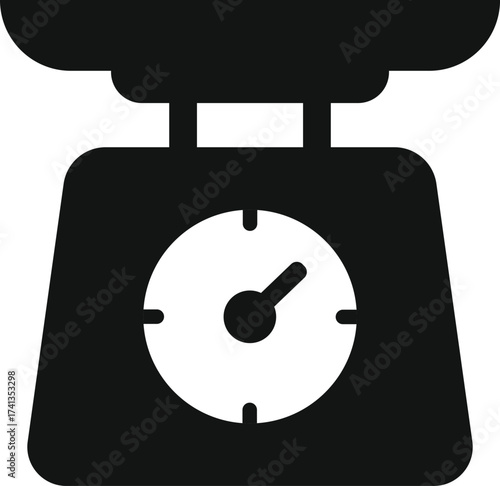 Simple black silhouette icon of a vintage kitchen scale with a circular dial and pointer for measuring ingredients