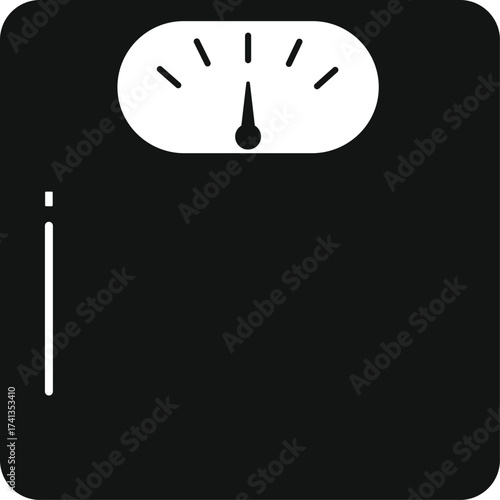Simple black silhouette of a classic analog bathroom scale with a needle indicator on a white background