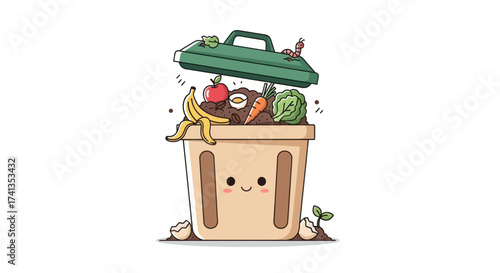 A cute kawaii cartoon compost bin overflowing with organic food waste and scraps.