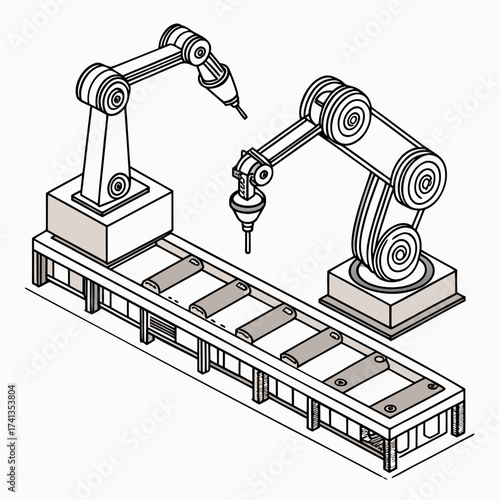 Industrial robotic arms working on a conveyor belt system in a factory setting with an isometric perspective and line art style