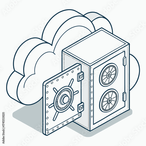 Conceptual illustration of a secure cloud storage solution with an open vault safe connected to a stylized cloud symbol representing digital data protection and cybersecurity