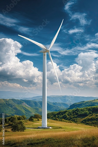 Large White Wind Turbine in Green Mountain Landscape Under Blue Sky