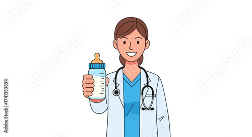 Smiling female doctor in lab coat with stethoscope holding a baby bottle.